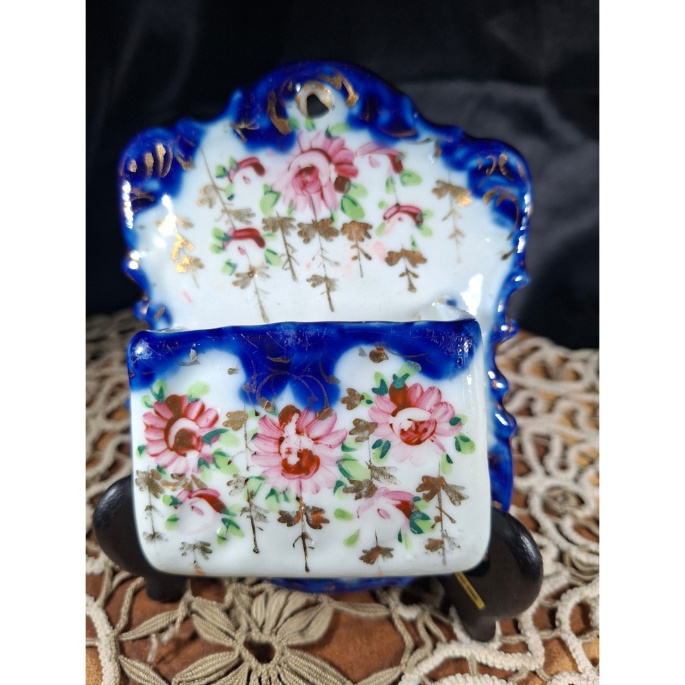 Antique Hand Painted Porcelain Floral Match Holder and Toothpick Holder Set